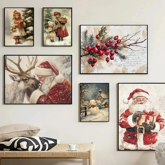 Vintage Christmas Poster Print For Living Room Winter Xmas Santa Claus Decoration Merry Christmas Tree Canvas Painting Wall Art