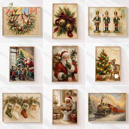 Vintage Winter Christmas Canvas Print Poster Santa Claus Christmas Tree Gingerbread Man Art Prints Holiday Wall Art Home Decor